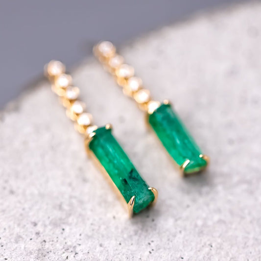Beautiful Colombian Raw Emerald Diamond Drop Earrings in 18K Yellow Gold