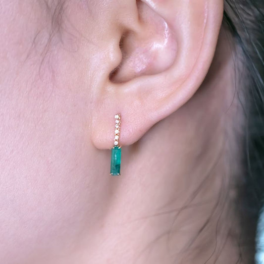 Beautiful Colombian Raw Emerald Diamond Drop Earrings in 18K Yellow Gold