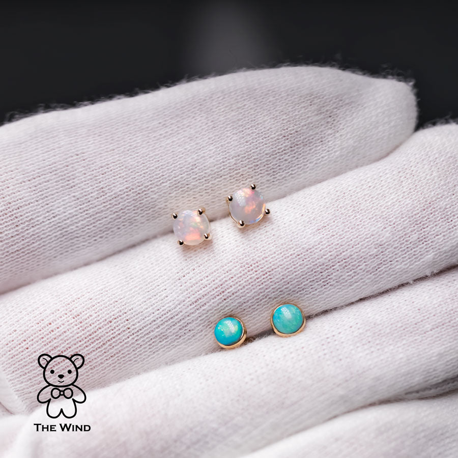 Minimalist Round Shaped Australian Solid Opal Stud Earrings 14K Yellow Gold
