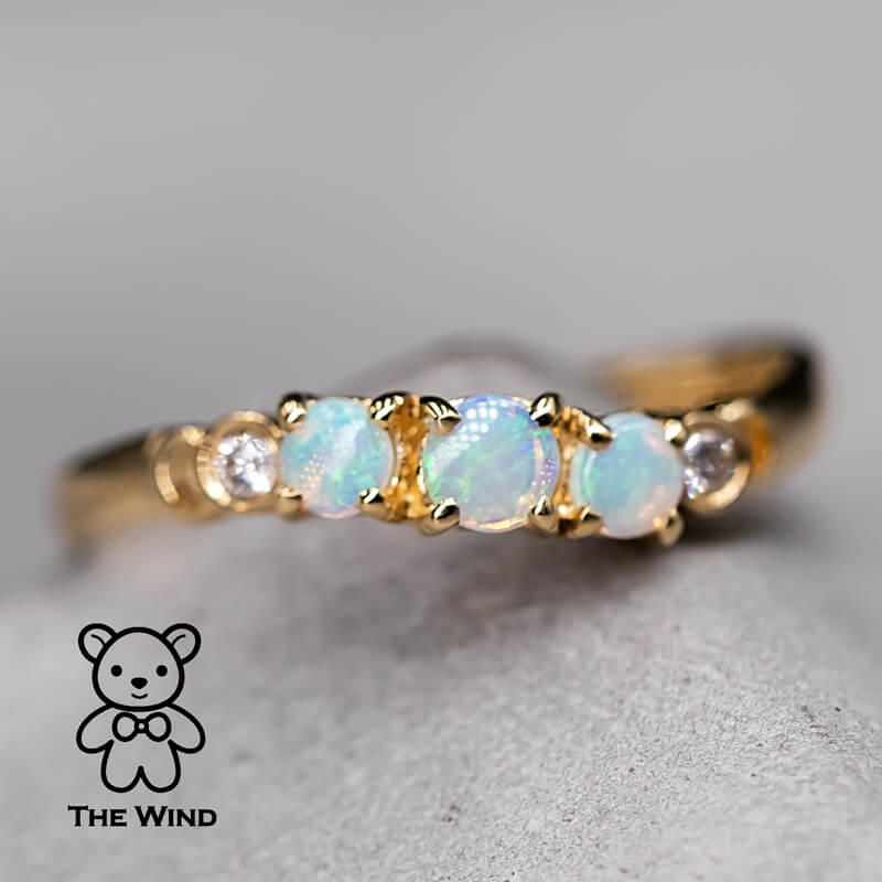 Curved Band Australian Solid Round Opal Diamond Band 14K Yellow Gold