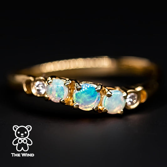 Curved Band Australian Solid Round Opal Diamond Band 14K Yellow Gold
