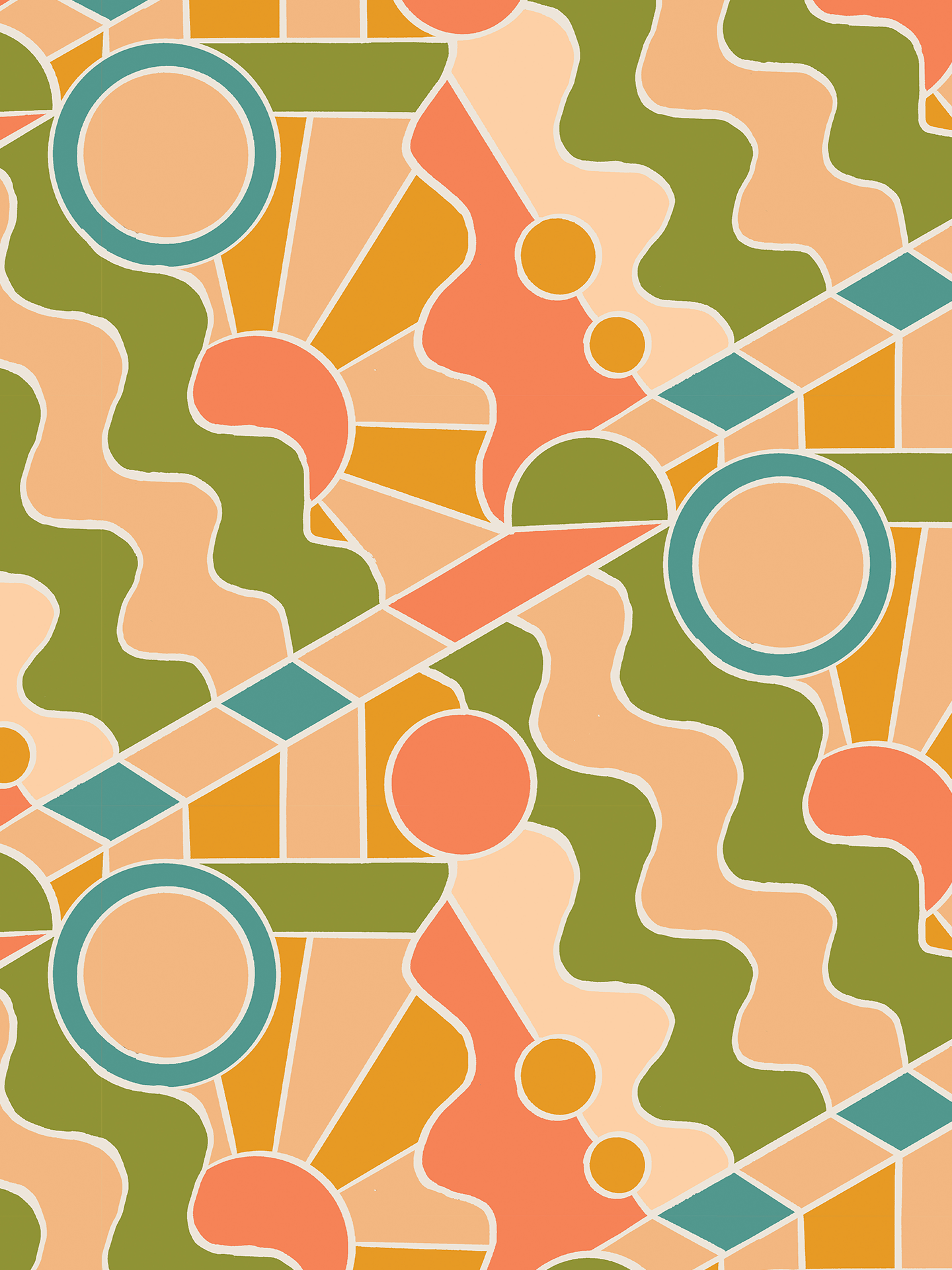 Day Trippin' Wallpaper, olive green, peach, coral and blue