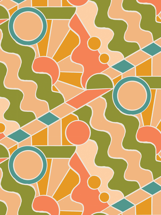 Day Trippin' Wallpaper, olive green, peach, coral and blue
