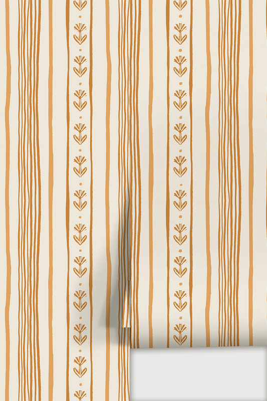 Daisy Chain Stripe Wallpaper, beige, apricot and orange