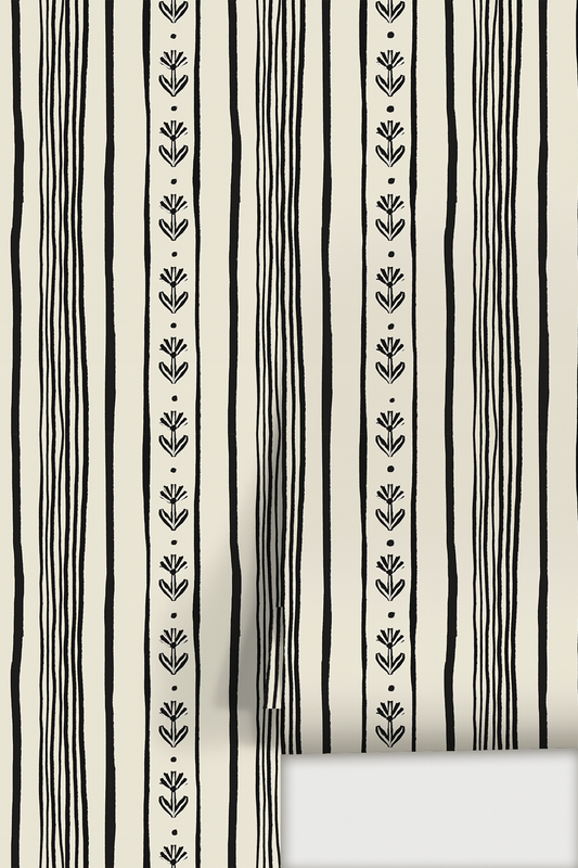 Daisy Chain Stripe Wallpaper, beige and black