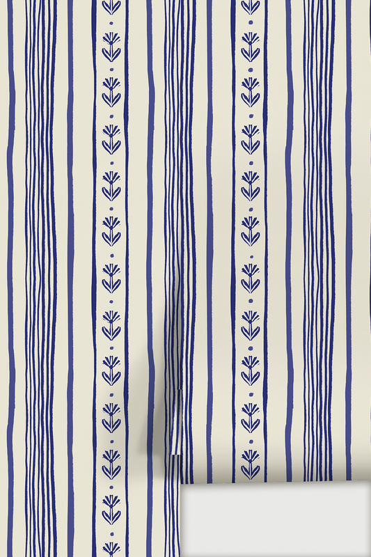 Daisy Chain Stripe Wallpaper, beige and blue