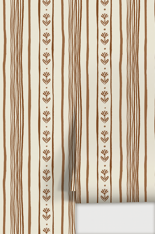 Daisy Chain Stripe Wallpaper, beige and brown