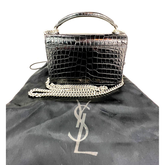 Saint Laurent Black Leather Sunset Wallet on a Chain Crocodile Embossed Bag