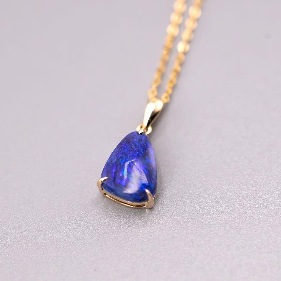 Deep Blue Australian Black Opal Pendant Necklace 18K Yellow Gold