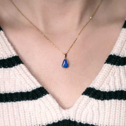 Deep Blue Australian Black Opal Pendant Necklace 18K Yellow Gold
