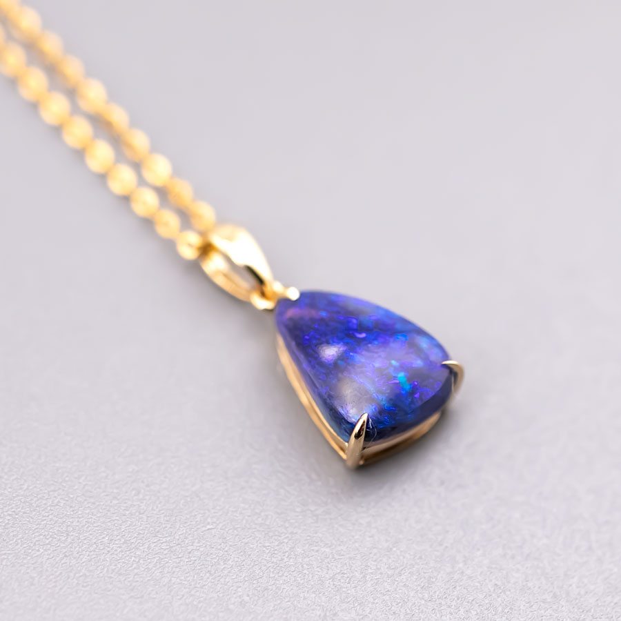 Deep Blue Australian Black Opal Pendant Necklace 18K Yellow Gold