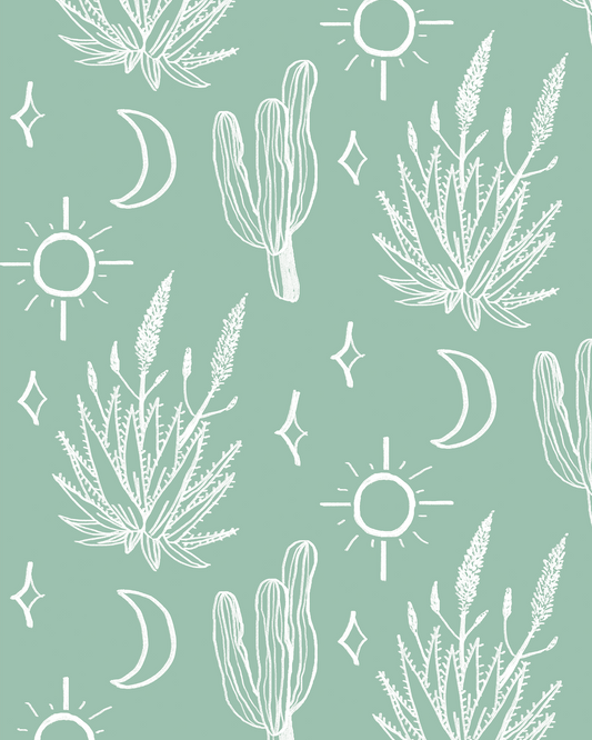 Desert Sky Wallpaper, large pattern, mint and white