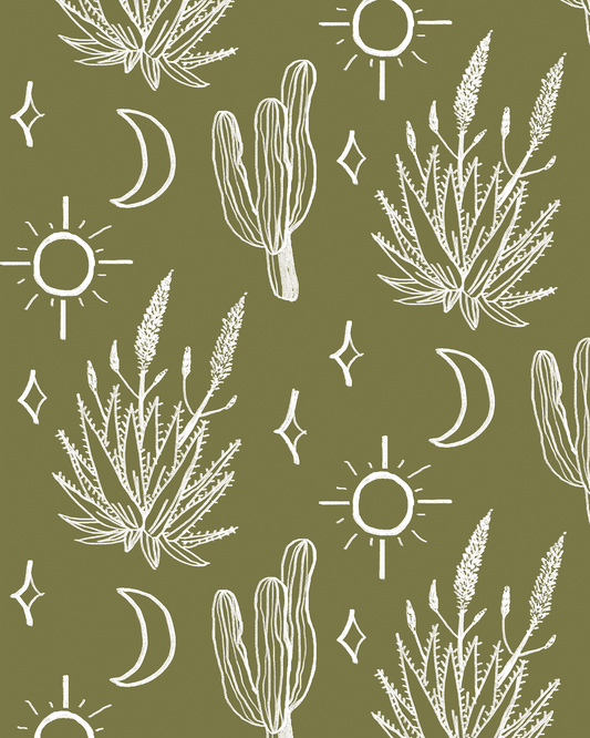 Desert Sky Wallpaper, large pattern, moss green and white