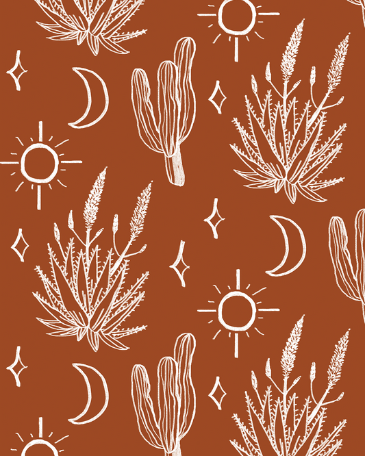 Desert Sky Wallpaper, large pattern, rust and white