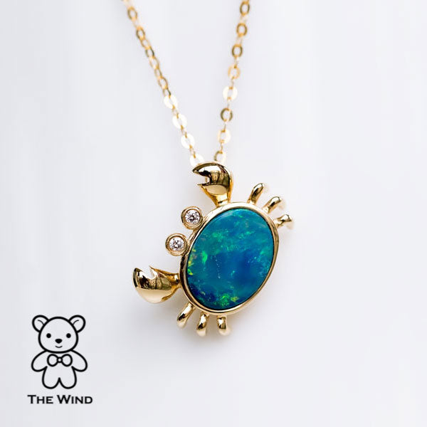 Crab Australian Opal & Diamond Eyes Pendant Necklace 14K Yellow Gold
