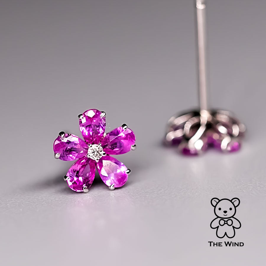Pink Sapphire Diamond Sakura Cherry Blossom Flower Stud Earrings 14K Rose Gold
