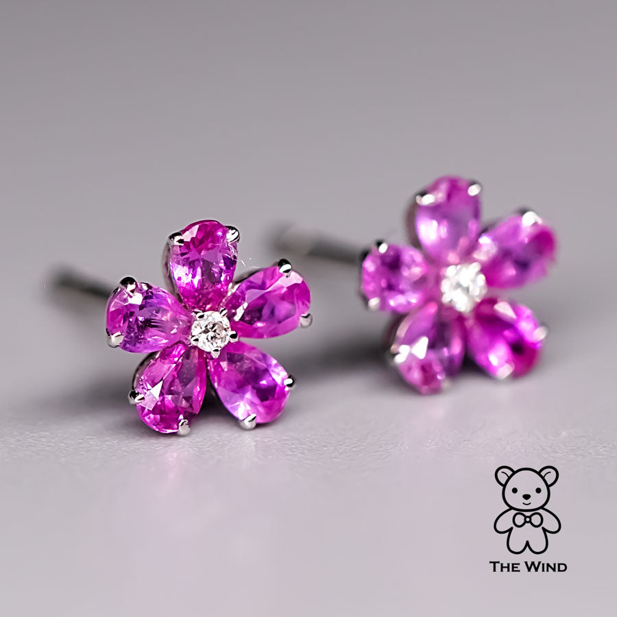 Pink Sapphire Diamond Sakura Cherry Blossom Flower Stud Earrings 14K Rose Gold