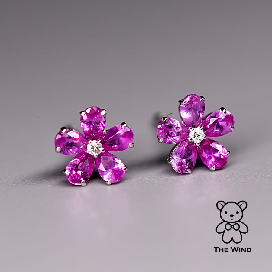 Pink Sapphire Diamond Sakura Cherry Blossom Flower Stud Earrings 14K Rose Gold