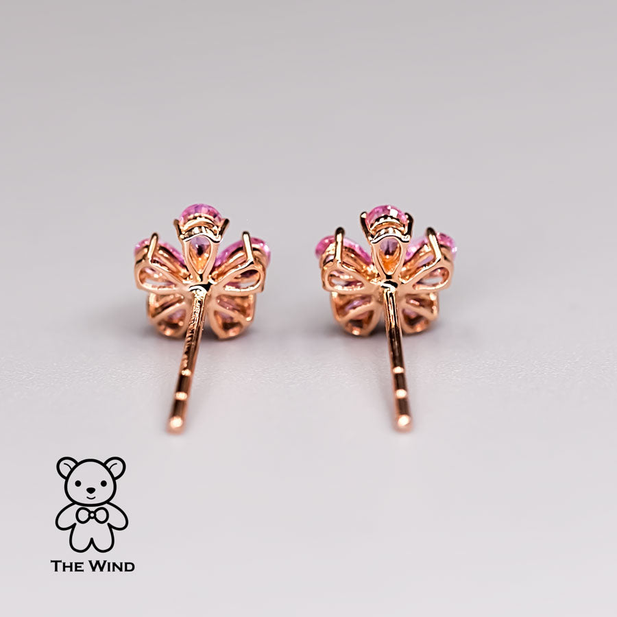 Pink Sapphire Diamond Sakura Cherry Blossom Flower Stud Earrings 14K Rose Gold