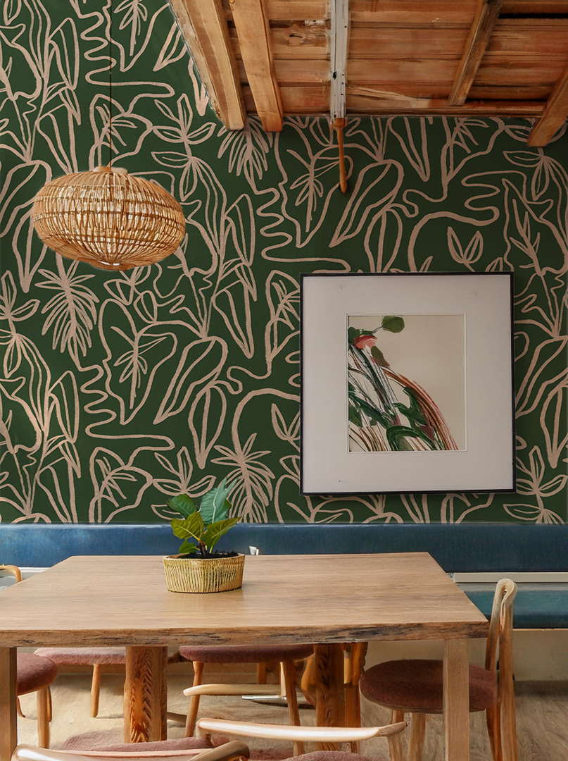 Inked Foliage Wallpaper, green and peach