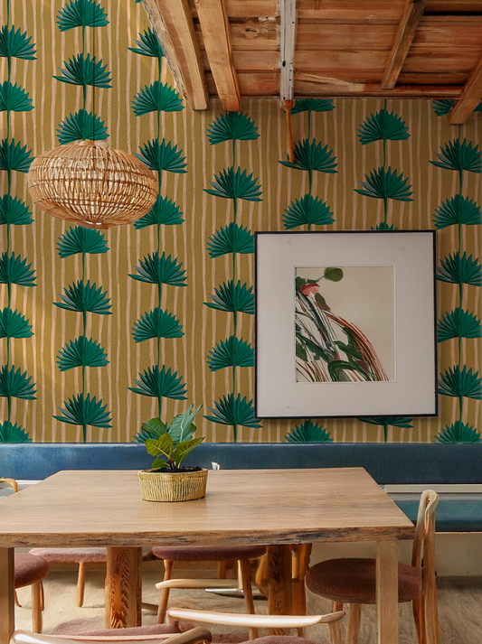 Stripey Palm Wallpaper, mustard and teal
