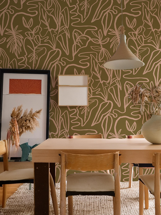 Inked Foliage Wallpaper, olive green and peach