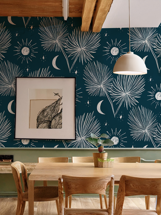 Night Palm Wallpaper, navy and white