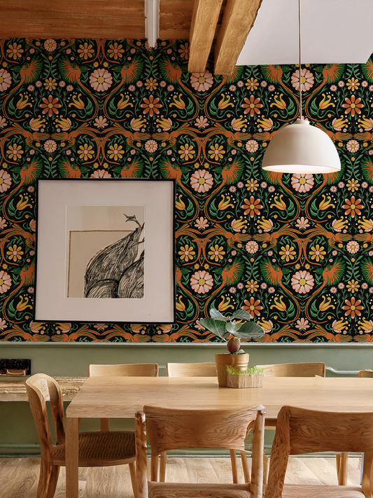 Folkie Birdie Wallpaper, black, orange & green
