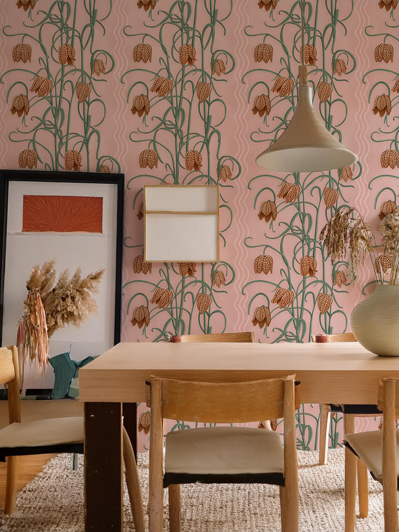 Campanas Wallpaper, dusty pink & orange