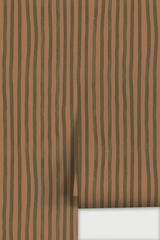 Dolce Stripe Wallpaper, terra cotta and olive