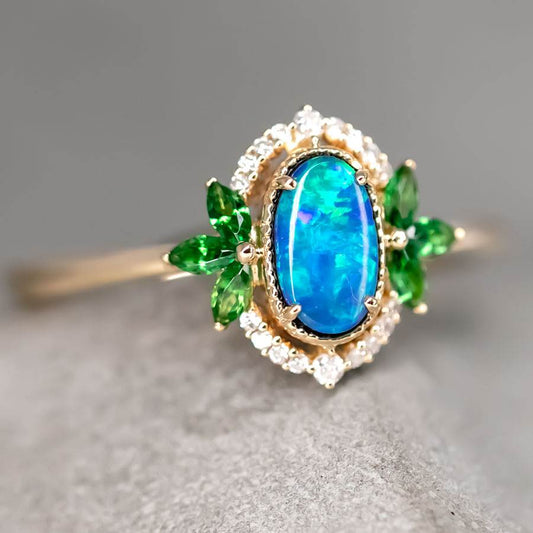 Australian Doublet Opal Diamond Tsavorite Engagement Ring 14K Yellow Gold