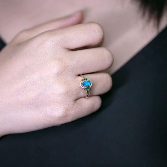 Australian Doublet Opal Diamond Tsavorite Engagement Ring 14K Yellow Gold