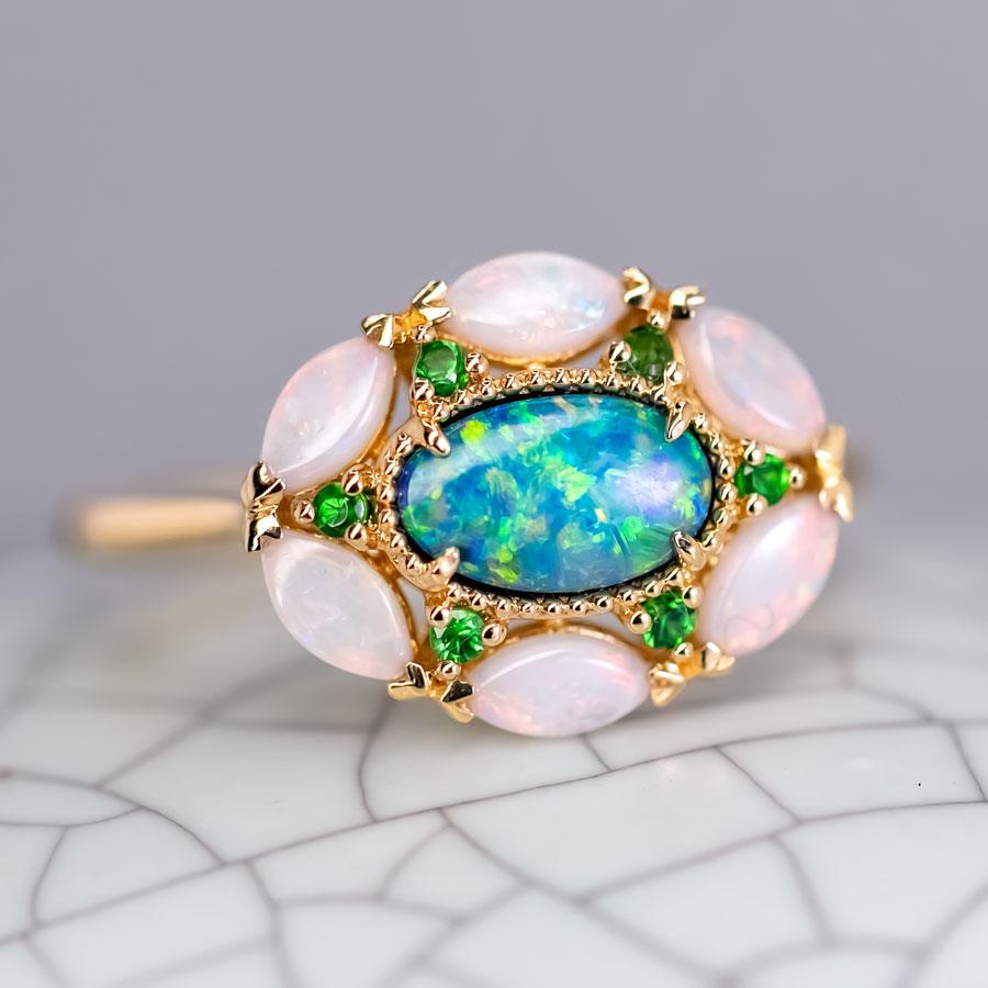 Doublet Opal Marquise White Opal Tsavorite Engagement Ring 18K Yellow Gold