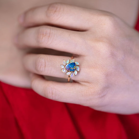 Australian Doublet Opal & White Opal Engagement Ring 18K Yellow Gold