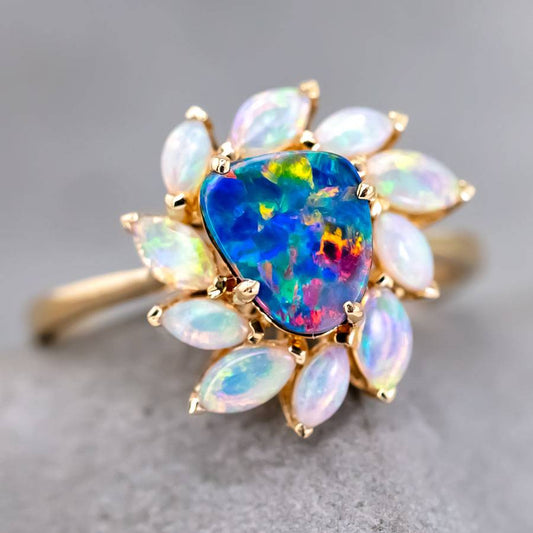 Australian Doublet Opal & White Opal Engagement Ring 18K Yellow Gold
