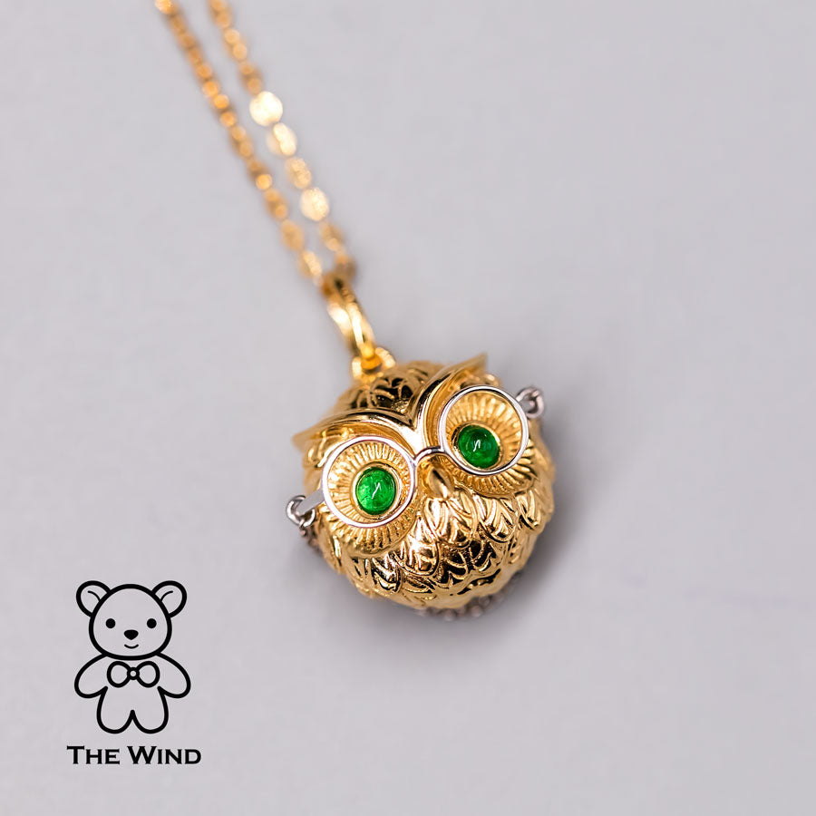 Dr. Owl Emerald Pendant Necklace 18K Yellow Gold with White Gold Glasses