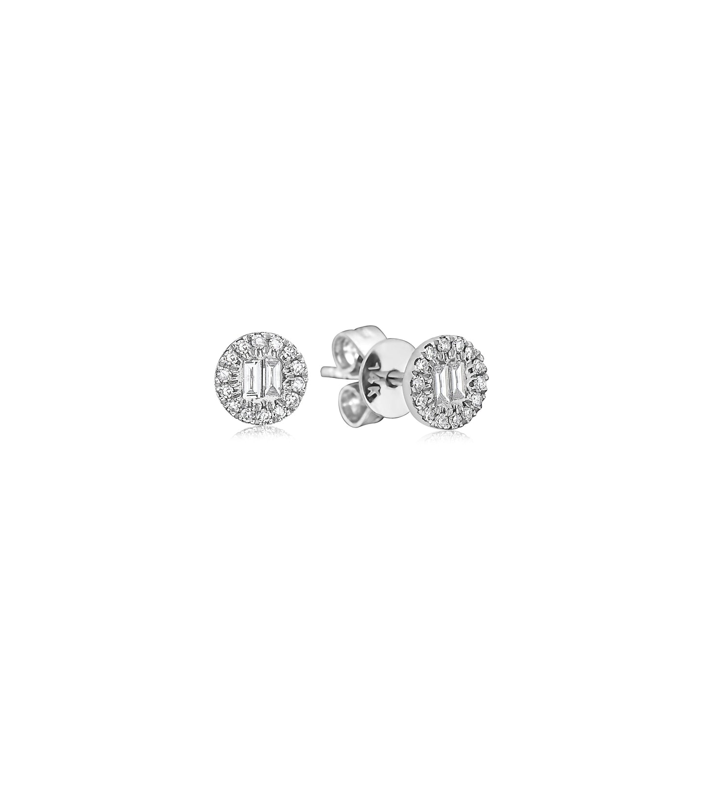 Diamond Baguette and Halo Round Stud Earrings