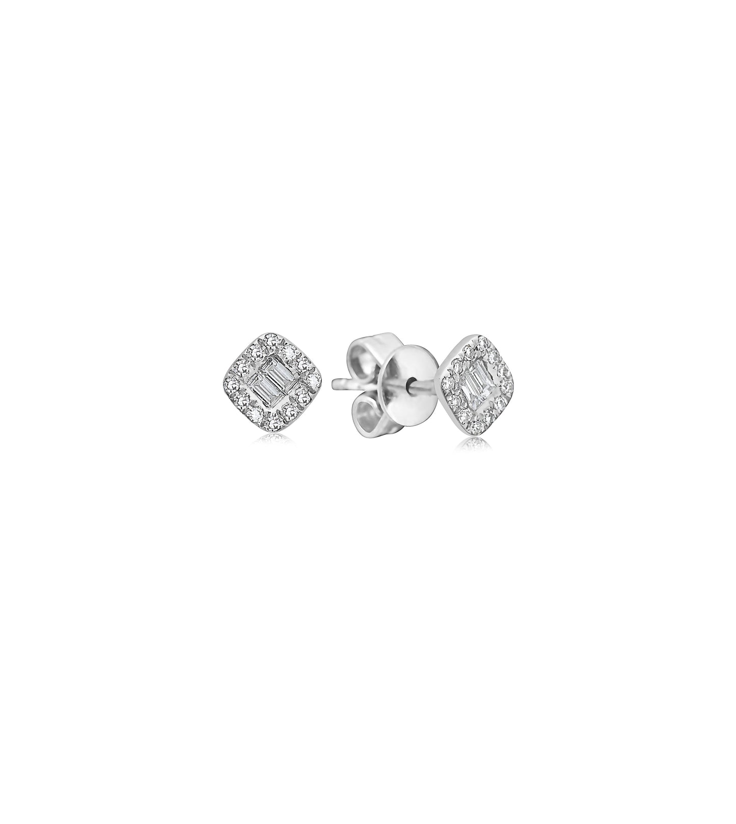 Diamond Baguette and Halo Square Stud Earring