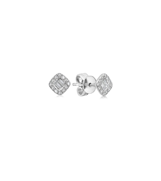 Diamond Baguette and Halo Square Stud Earring