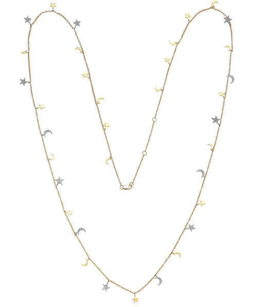 Diamond Star-Moon Charm Long Necklace
