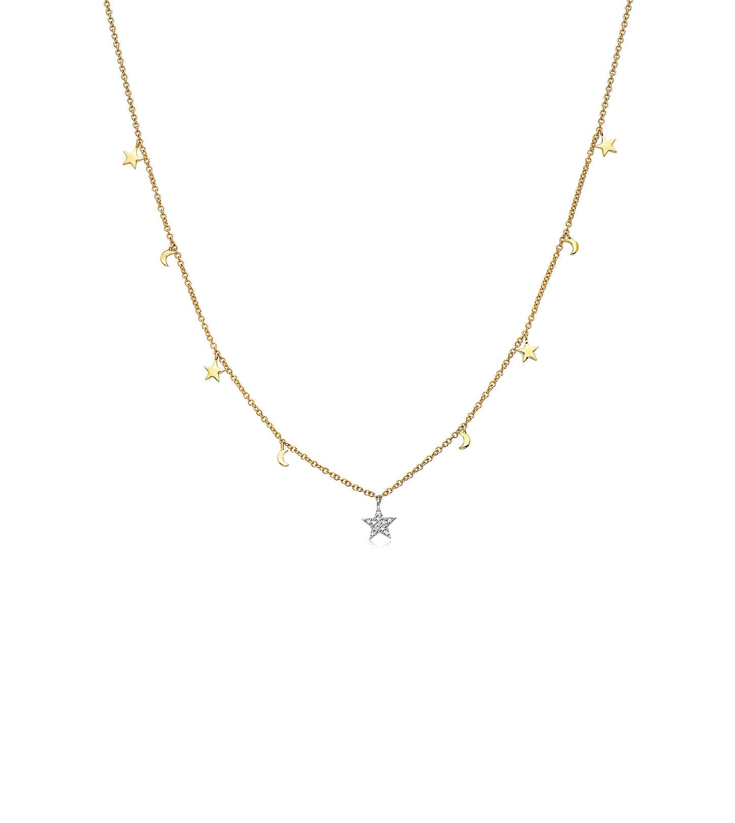Diamond Star & Moon Charm Necklace