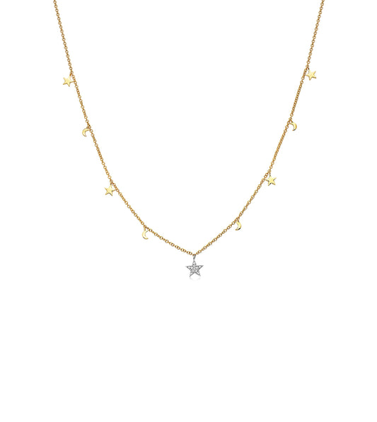 Diamond Star & Moon Charm Necklace