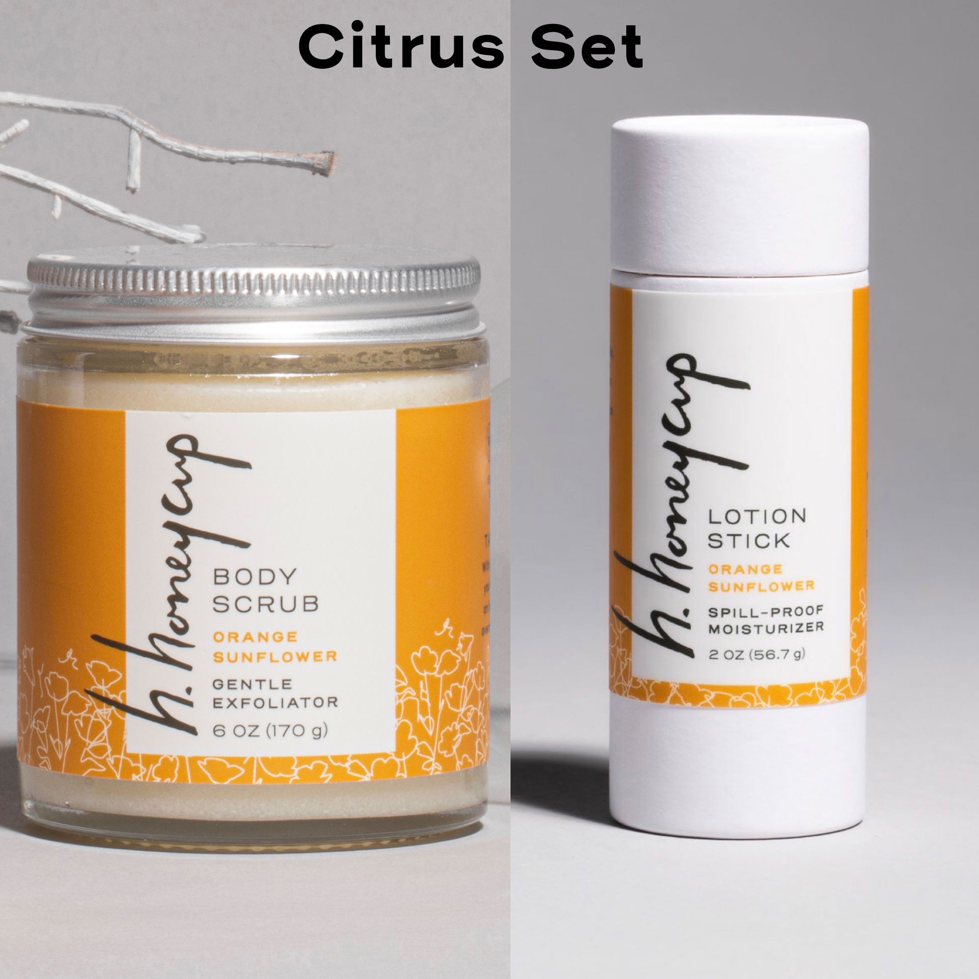 H. Honeycup orange body scrub and lotion stick Citrus set