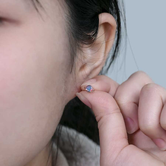 Earth Moon Design Doublet Opal & Diamond Stud Earrings 14K Rose Gold