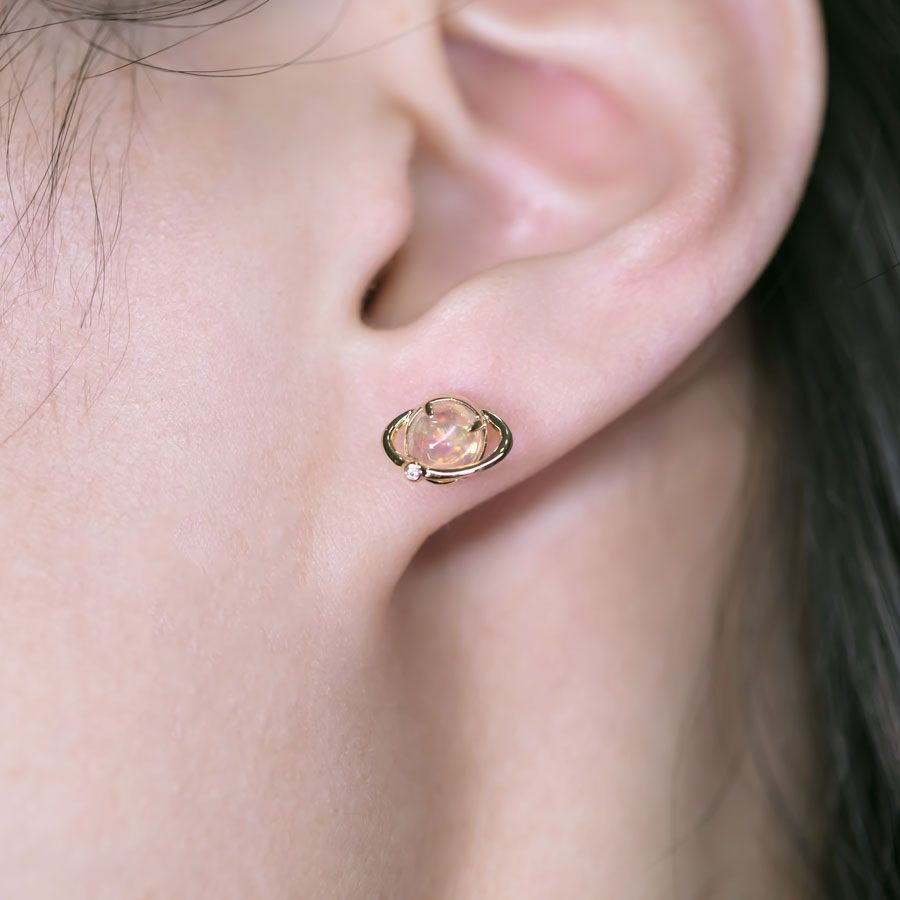 Earth Moon Design Fire Opal & Diamond Stud Earrings 18K Yellow Gold