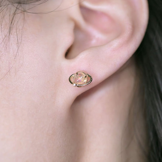 Earth Moon Design Fire Opal & Diamond Stud Earrings 18K Yellow Gold