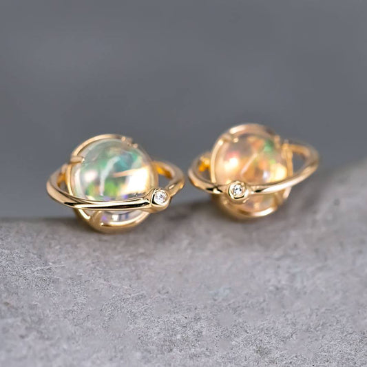 Earth Moon Design Fire Opal & Diamond Stud Earrings 18K Yellow Gold