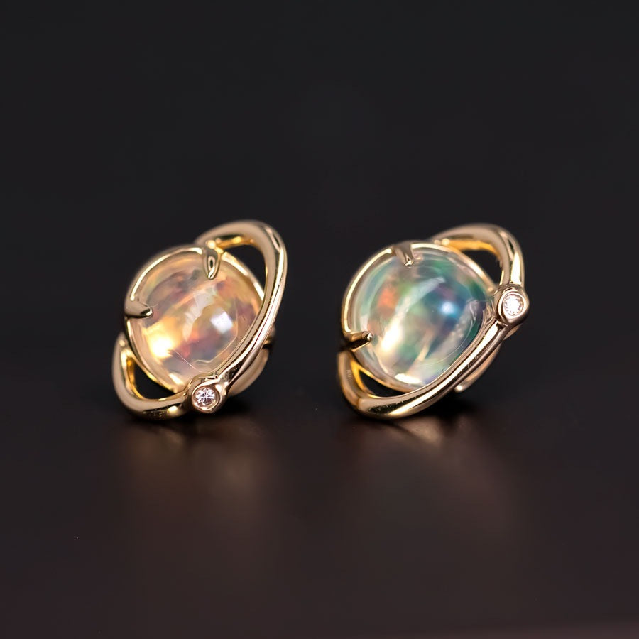 Earth Moon Design Fire Opal & Diamond Stud Earrings 18K Yellow Gold
