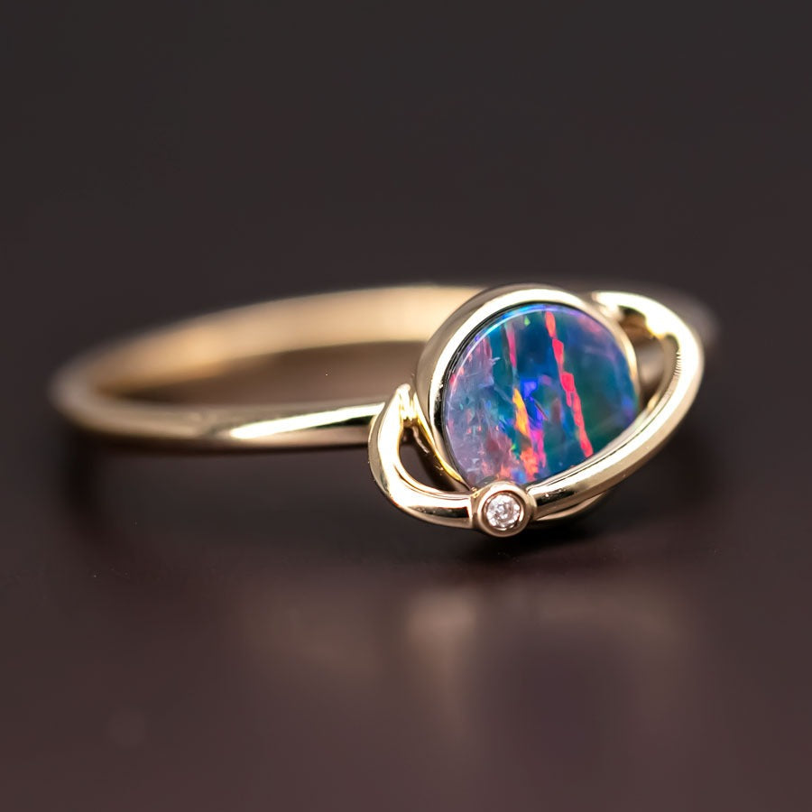 Earth and Moon Design Doublet Opal & Diamond Ring 18K Yellow Gold
