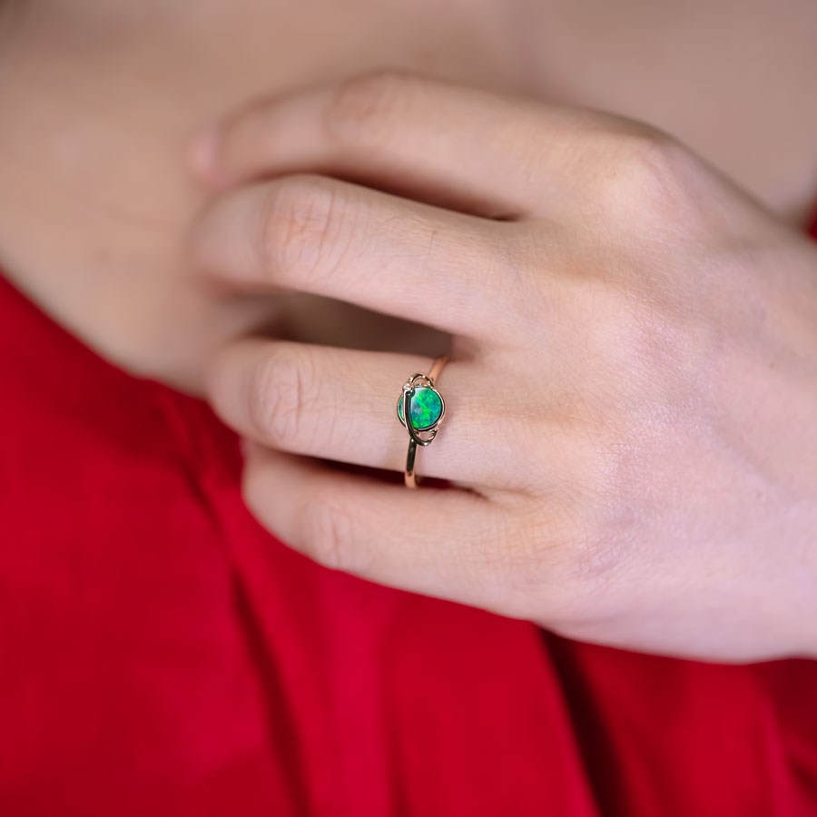 Earth and Moon Design Doublet Opal & Diamond Ring 18K Yellow Gold